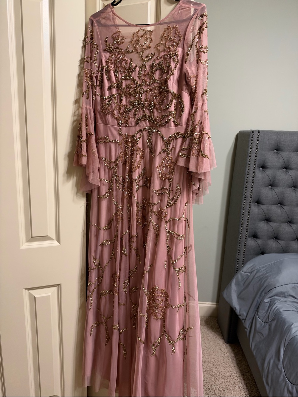 Pink Long-Sleeve Sequin Evening Gown
